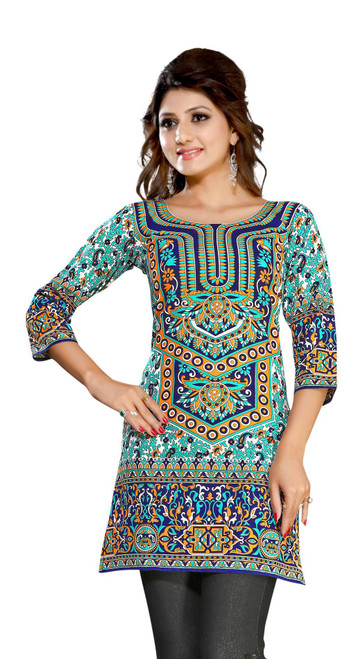 Turquoise 3/4 sleeve Indian Printed  Kurti Tunic Women Kurta