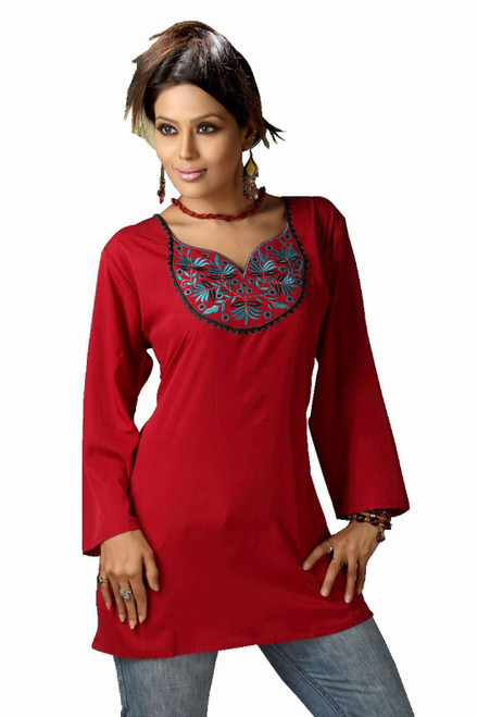 Red Poly Crepe embroidered Indian Tunic Kurti