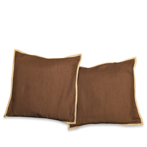 Brown with Gold Trim - 2 Decorative Handcrafted Raw Silk Cushion Cover, Throw Pillow Case 3 sizes