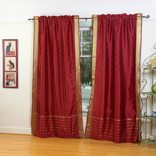 Maroon Rod Pocket  Sheer Sari Curtain / Drape / Panel  - Pair