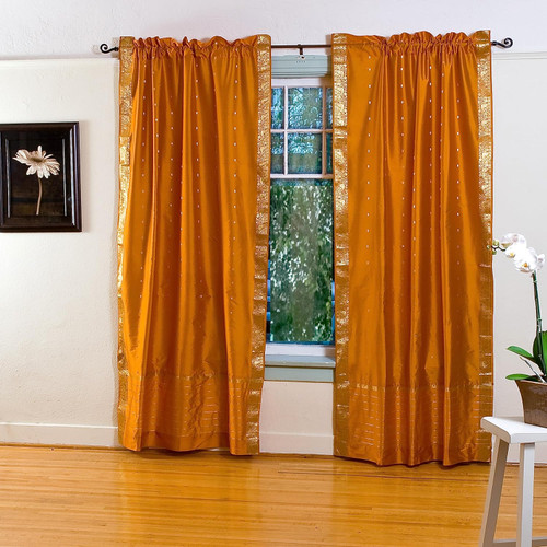 Mustard Yellow Rod Pocket  Sheer Sari Curtain / Drape / Panel  - Pair
