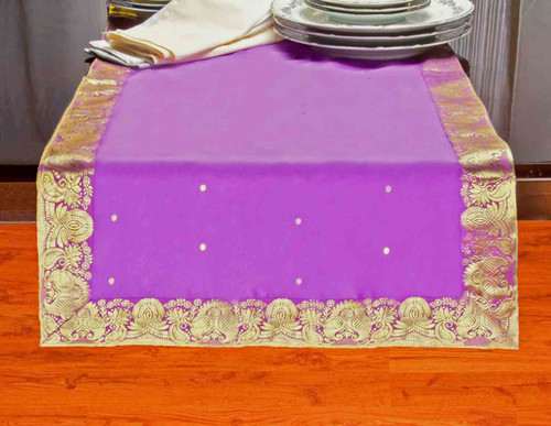 Calming Lavender Handmade Indian Design Table Runner for Wedding Receptions, Party Decorations, and Decor for every Occasion | Silk Sari Fabric | Ideal Ethnic Tablerunner with Golden Borders.