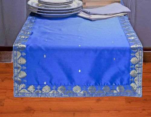 Cool Island Blue Handmade Indian Design Table Runner for Wedding Receptions, Party Decorations, and Decor for every Occasion | Silk Sari Fabric | Ideal Ethnic Tablerunner with Golden Borders.