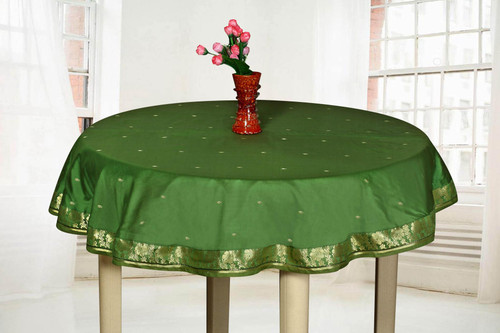 Refreshing Forest Green  Hand-Crafted Sari Fabric Round Tablecloth with Golden Paisley Borders-Authentic Indian Decor Perfect for Celebrations & Everyday use-Multiple Sizes & Colors Available