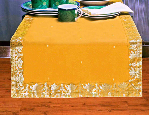 Autumnal Pumpkin Handmade Indian Design Table Runner for Wedding Receptions, Party Decorations, and Decor for every Occasion | Silk Sari Fabric | Ideal Ethnic Tablerunner with Golden Borders.
