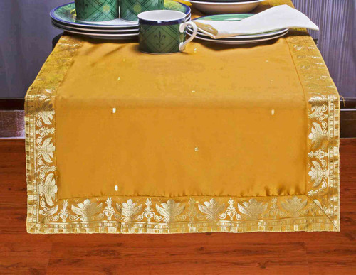 Earthy Mustard Handmade Indian Design Table Runner for Wedding Receptions, Party Decorations, and Decor for every Occasion | Silk Sari Fabric | Ideal Ethnic Tablerunner with Golden Borders.
