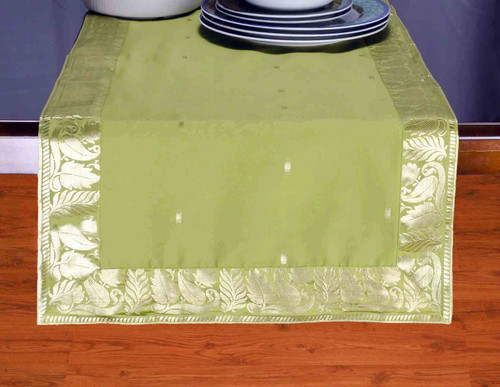 Tranquil Olive Green Handmade Indian Design Table Runner for Wedding Receptions, Party Decorations, and Decor for every Occasion | Silk Sari Fabric | Ideal Ethnic Tablerunner with Golden Borders.