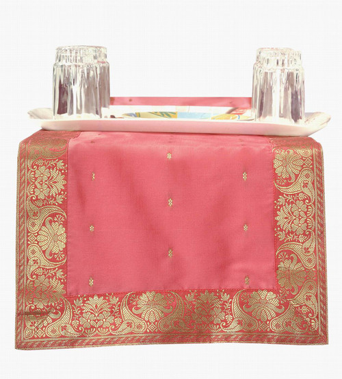 Soft Peach Pink Handmade Indian Design Table Runner for Wedding Receptions, Party Decorations, and Decor for every Occasion | Silk Sari Fabric | Ideal Ethnic Tablerunner with Golden Borders.