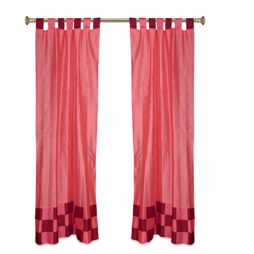 2 Eclectic Peach Indian Check Sari Curtains Tab Top drapes