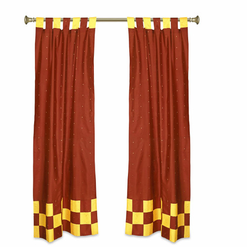 2 Eclectic Rust Indian Yellow Check Sari Curtains Tab Top drapes