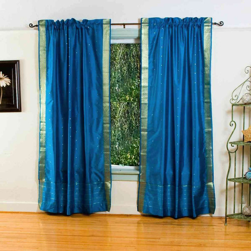 Turquoise Rod Pocket  Sheer Sari Curtain / Drape / Panel  - Piece