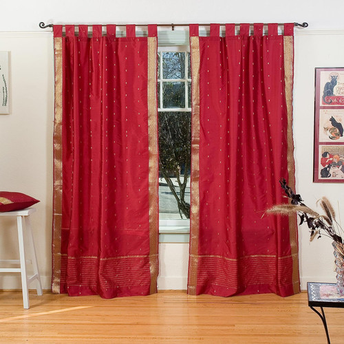 Maroon  Tab Top  Sheer Sari Curtain / Drape / Panel  - Piece