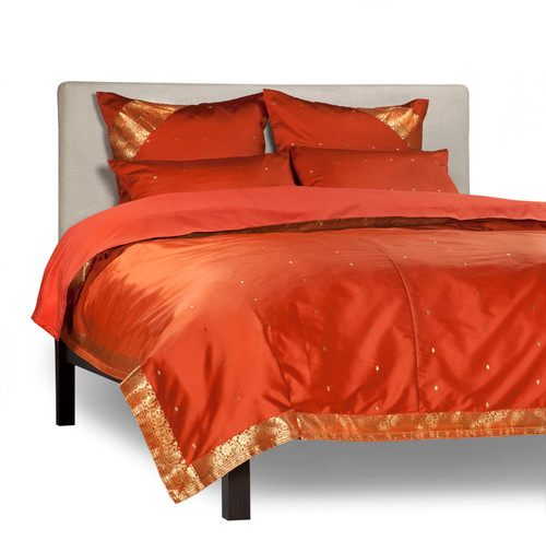 Rust - 5 Piece Handmade Sari Duvet Cover Set with Pillow Covers / Euro Sham