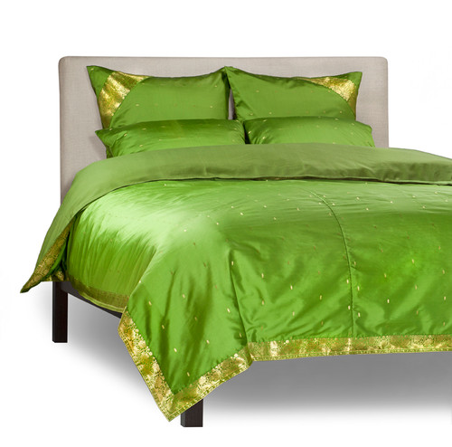 Forest Green - 5 Piece Handmade Sari Duvet Cover Set with Pillow Covers / Euro Sham