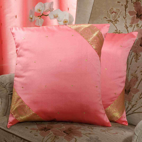 SOFT PEACH PINK Handmade Sari Cushion Covers, Indian Sari Throw Boho Decor Pillow Covers with Zipper Enclosure | Ideal for Home Decor