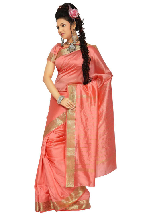 Pumpkin Art Silk Saree Sari fabric India Golden Border - Indian Selections