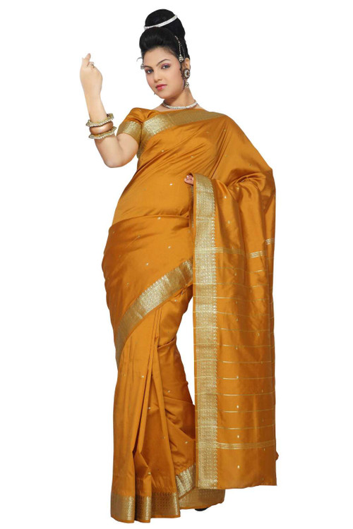 Pumpkin Art Silk Saree Sari fabric India Golden Border - Indian Selections