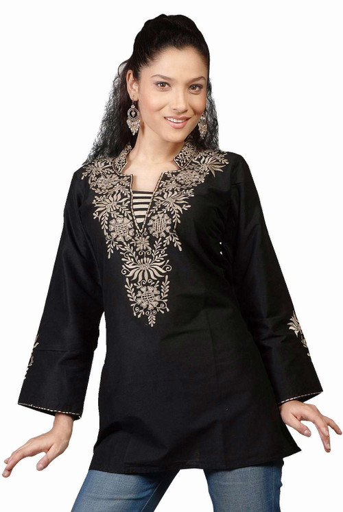 Black Floral Print Crepe Full Sleeve Short Kurti Tunic S - 4XL #40785 | Buy  Crepe Kurti Online
