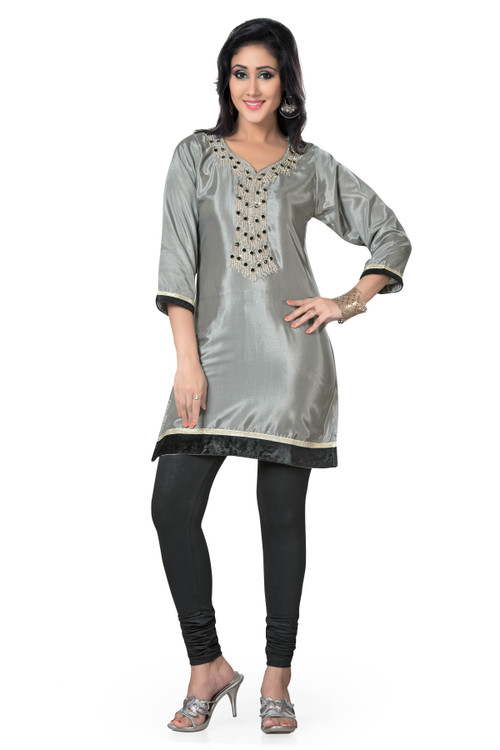 Gray 3/4 sleeve Indian Cotton Kurti/Tunic with Golden neckline