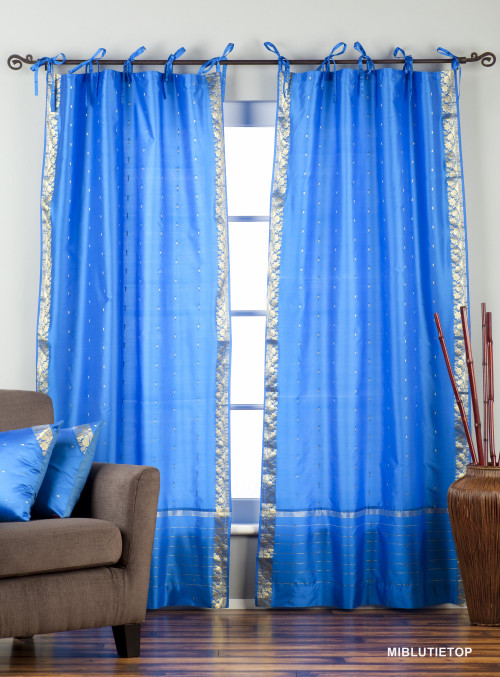 Island Blue Tie Top Sheer Sari Curtain / Drape / Panel Piece