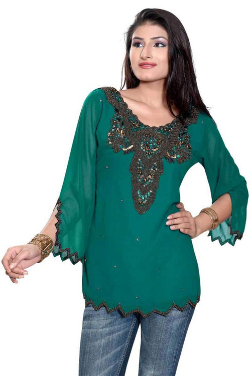 Green Long Sleeves Kurti with Front/back Beadwork