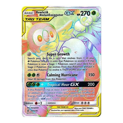 SM Unified Minds 237/236 Rowlet & Alolan Exeggutor GX (Tag Team Rainbow Rare)