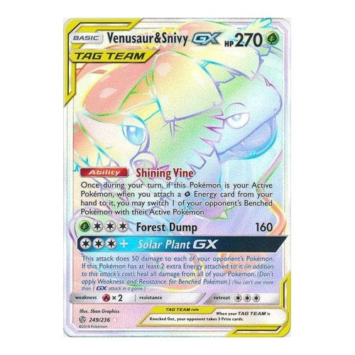 SM Cosmic Eclipse 249/236 Venusaur & Snivy GX (Tag Team Rainbow Rare )