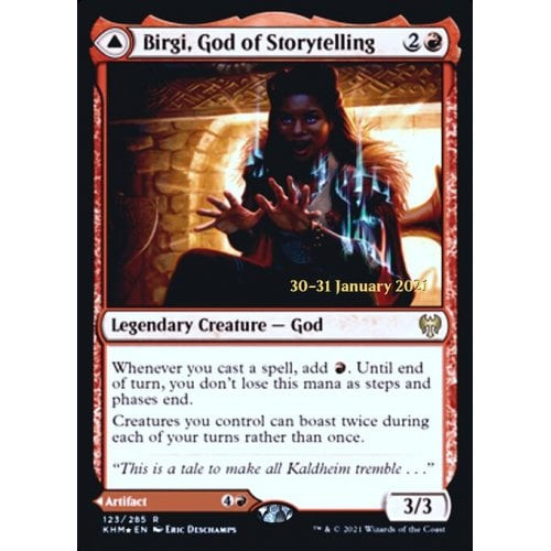 Birgi, God of Storytelling // Harnfel, Horn of Bounty (Kaldheim Prerelease foil)