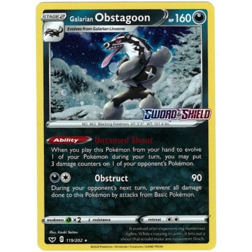 Sword & Shield (Base) 119/202 Galarian Obstagoon (Cosmo Holo w/ Logo)