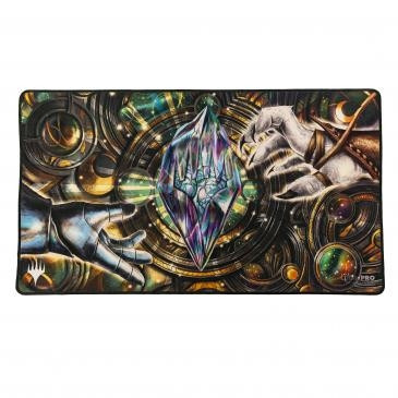 MTG Dominaria United Black Stitched Playmat X featuring stylized planeswalker symbol