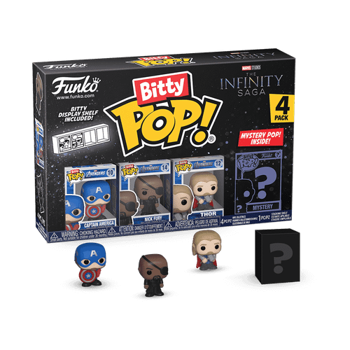 Bitty POP! Marvel The Infinity Saga: Captain America (holding shield), Nick Fury & Thor 4-Pack