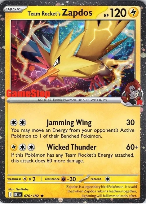 SV Destined Rivals 070/182 Team Rocket's Zapdos (Cosmo Holo GameStop Stamp)