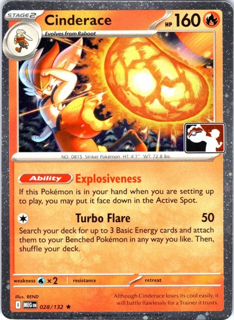 Mega Evolution 028/132 Cinderace (Prize Pack League Promo Cosmo Holo)