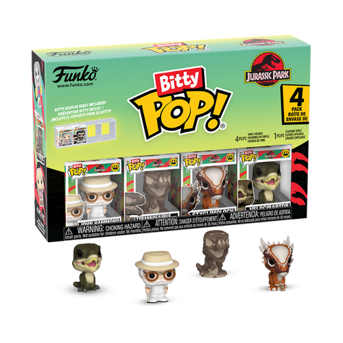 Bitty POP! Jurassic Park: John Hammond, Tyrannosaurus Fossil, Stygimoloch & Velociraptor 4-Pack
