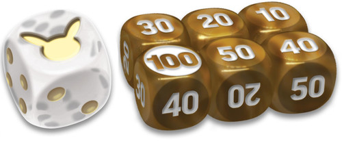 30th Celebration Clear White w/ Gold Die & Small Brown w/ White Dice (6)