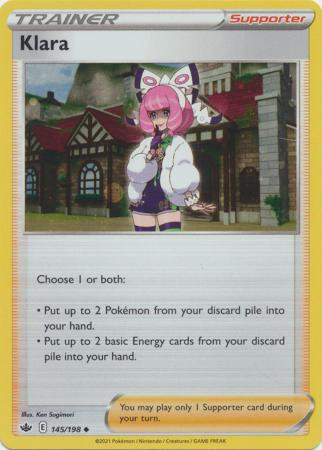 klara pokemon card value Chilling Reign 145/198 (Cosmo Holo) Put up to 2 Pokémon from your discard pile into your hand Klara (Full Art) - 194/198