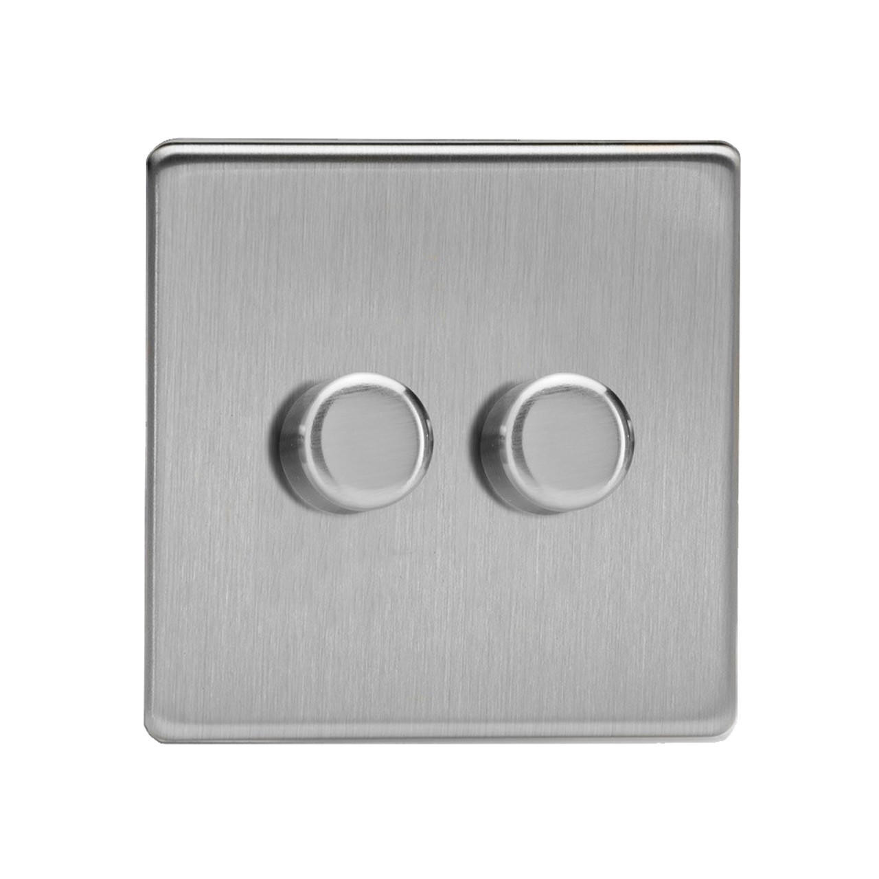 Varilight Screwless LED VPro 2 Gang Rotary Dimmer Switch Brushed Steel