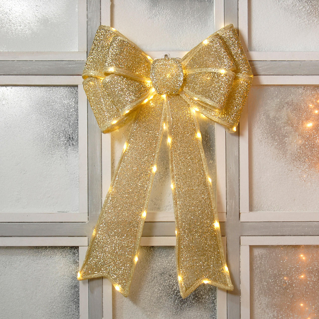 Festive Gold Battery Operated Christmas Door Bow 84 Warm White LEDs