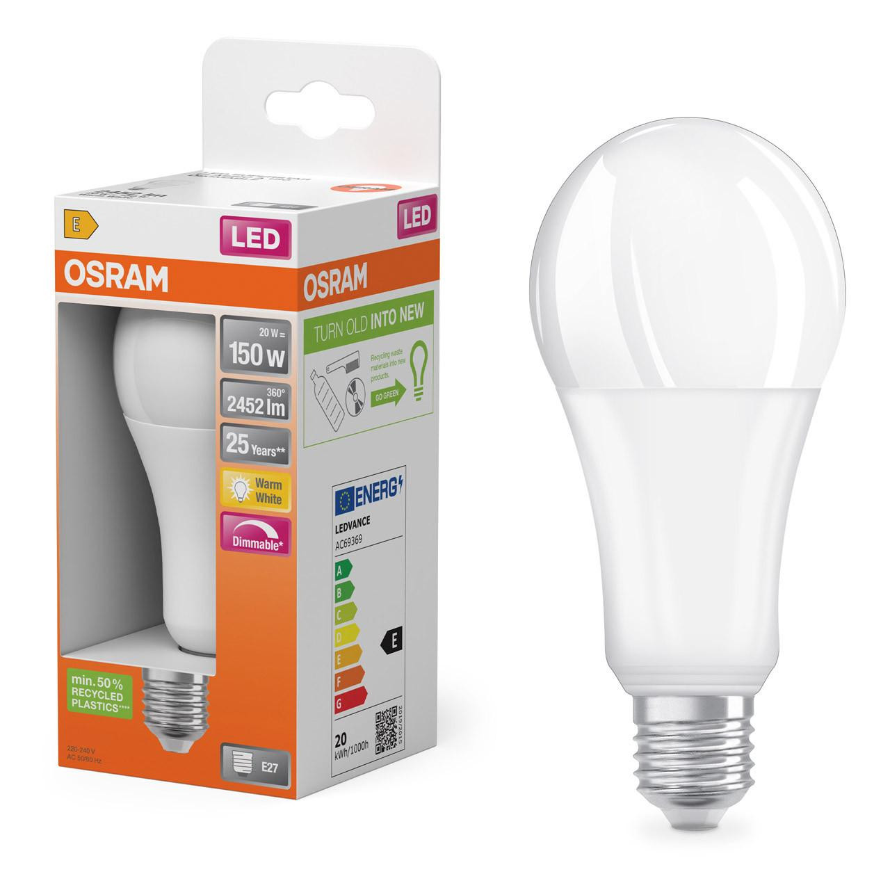 Osram LED Classic A GLS Light Bulb E27 20W (150W Eqv) Dim Superstar Warm White 2700K Frosted Bright Opal