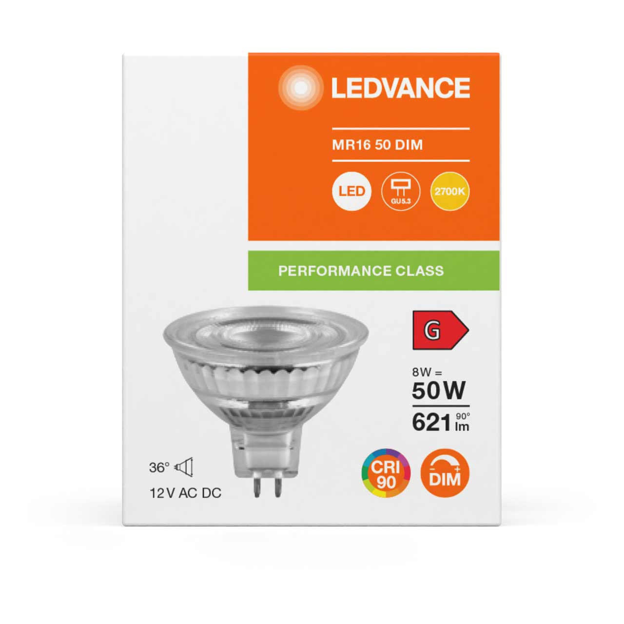 Ledvance LED MR16 Bulb 8W GU5.3 12V Dimmable Performance Class Warm White  36°