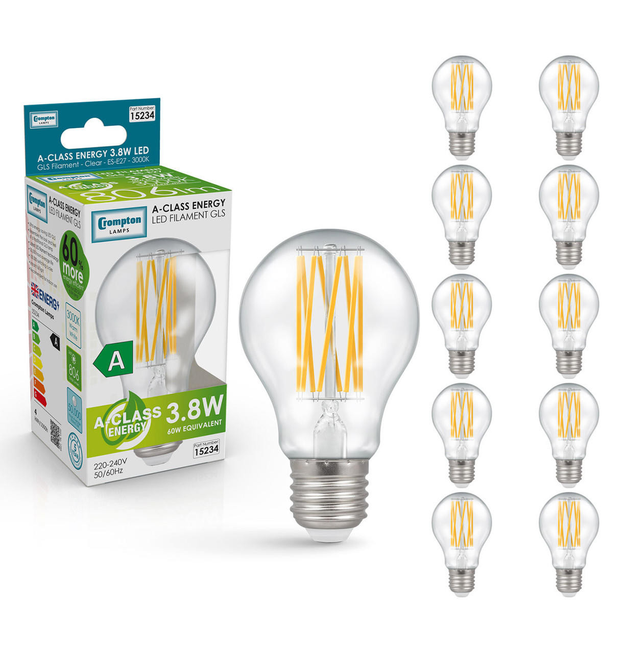 Crompton Lamps Ultra-Efficient LED GLS 3.8W E27 A-Class (10 Pack) Warm  White Clear (60W Eqv)
