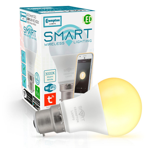 Light up image of the Crompton Lamps 8.5W LED GLS light bulb with retail packaging and B22 bayonet cap in warm white