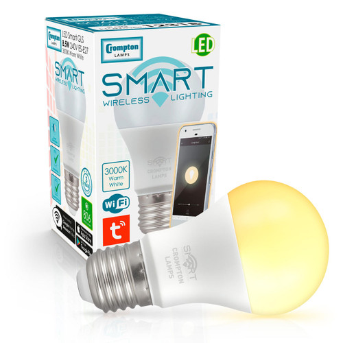 Light up image of the Crompton Lamps 8.5W LED GLS light bulb with retail packaging and E27 screw cap in warm white