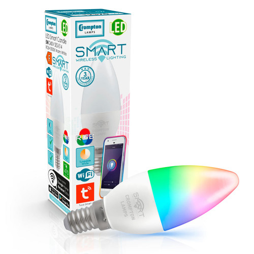 Light up image of the Crompton Lamps 5W LED Candle light bulb with retail packaging and E14 small screw cap in warm white + rgb