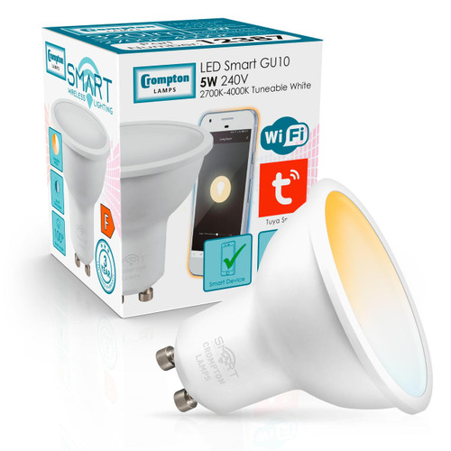 Light up image of the Crompton Lamps 5W LED spot light bulb with retail packaging and 2-pin GU10 cap in tuneable white