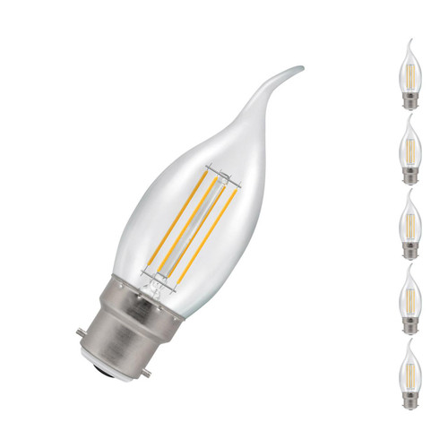 Crompton Lamps LED Bent Tip Candle 4.2W B22 Dimmable Filament (5 Pack) Warm White Clear (40W Eqv) Crompton Lamps LED Bent Tip Candle 4.2W B22 Dimmable Filament (5 Pack) Warm White Clear (40W Eqv)
