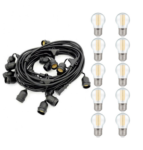 Premium 5m Connectible Outdoor Festoon Light E27 with 10x LED Golfball Light Bulbs Warm White Clear
