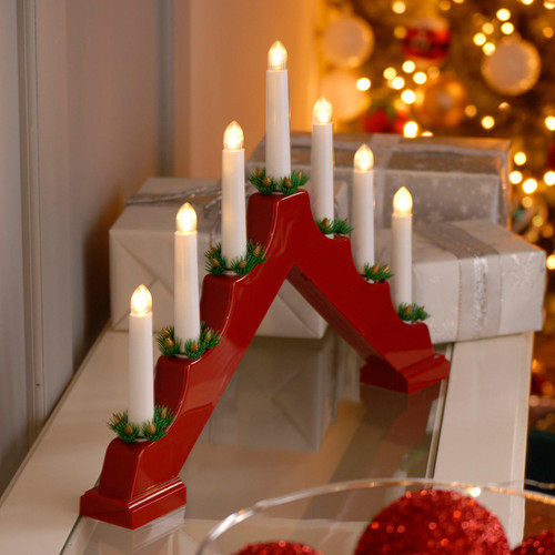 Festive Battery Operated Red Candle Bridge with 7 Candles - Warm White LEDs 3