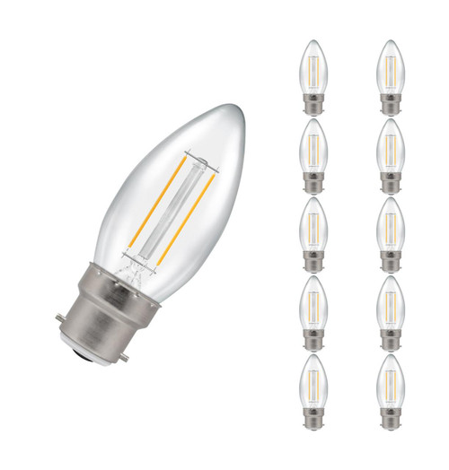 Crompton Lamps LED Candle 2.2W B22 Dimmable Filament (10 Pack) Warm White Clear (25W Eqv)