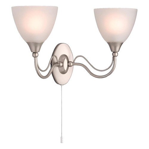 Firstlight Santana Style 2-Light Wall Light with On/Off Pull Cord in Satin Steel and Opal Glass Image 1 Firstlight Santana Style 2-Light Wall Light with On/Off Pull Cord in Satin Steel and Opal Glass Image 1